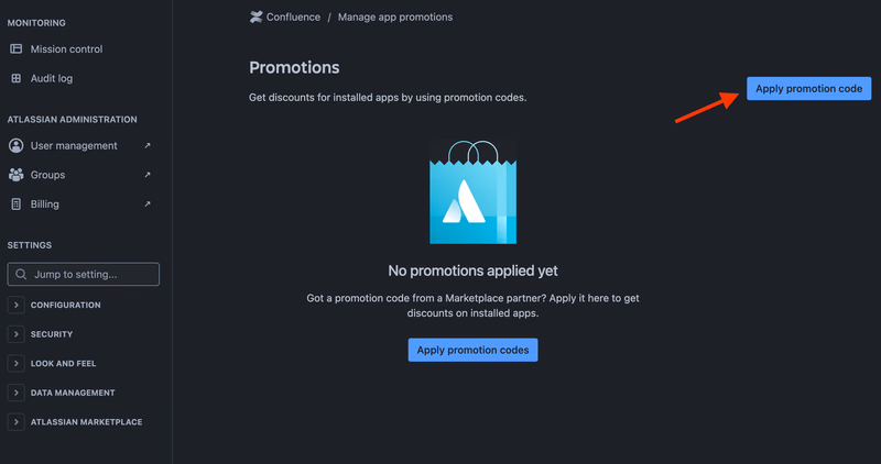 Atlassian Marketplace promotions page with the Apply promotion code button highlighted