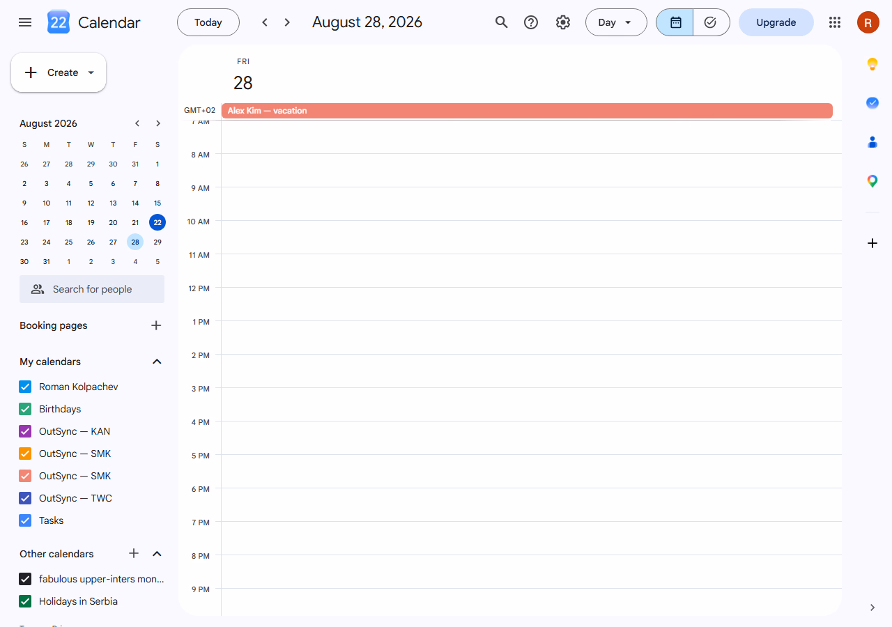 Google Calendar day view showing an approved leave request ('Alex Kim — vacation') that OutSync synced automatically.