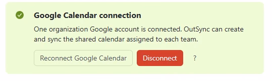 Google Calendar connection: One organization Google account is connected. OutSync can create and sync the shared calendar assigned to each team, with Reconnect Google Calendar, Disconnect and ?.
