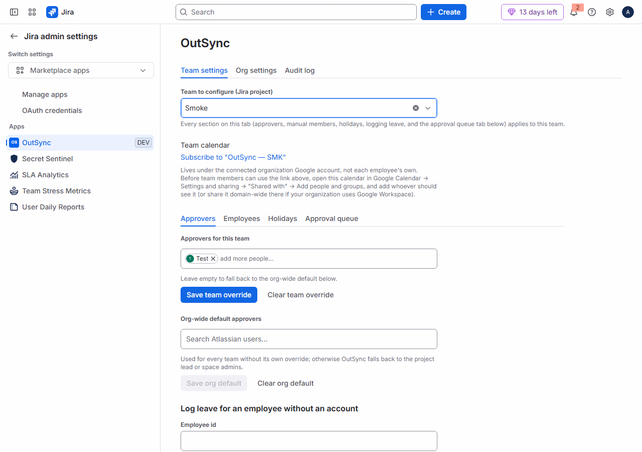 OutSync admin settings on Jira: Team to configure picker, team calendar subscribe link, and the Approvers tab showing one configured approver.