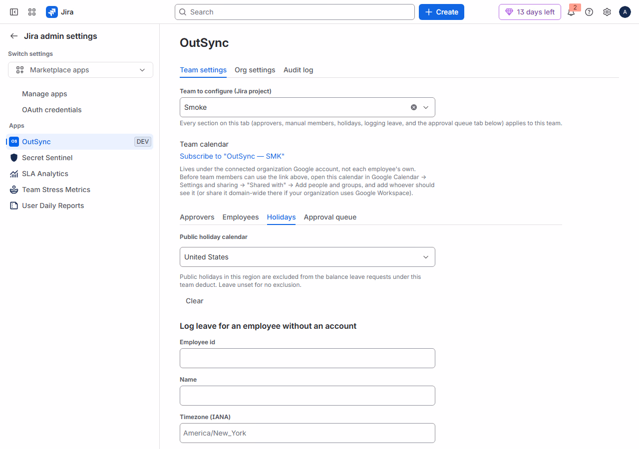 OutSync admin settings Holidays tab, with United States selected as the public holiday calendar.