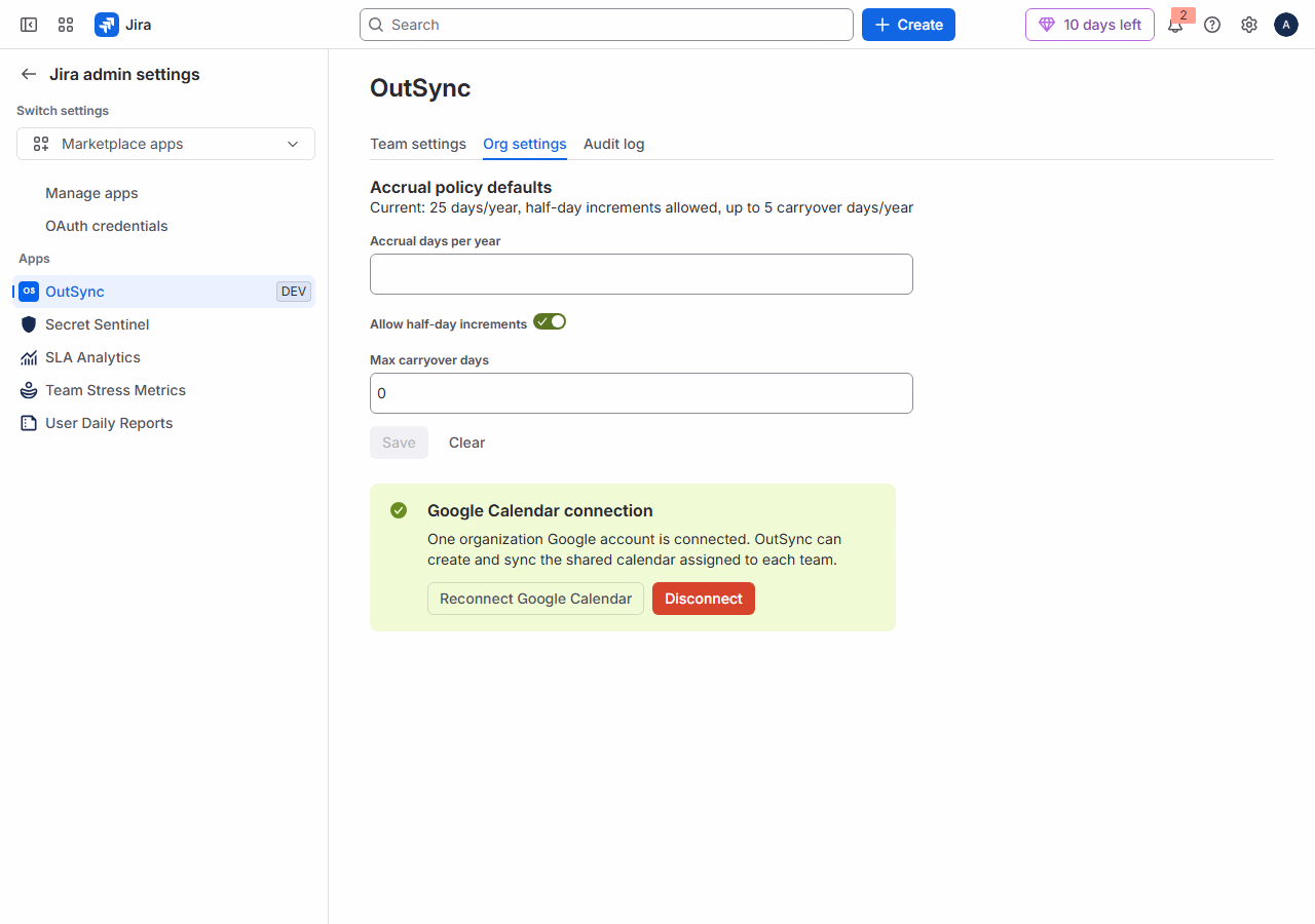 OutSync Org settings tab with a green 'Google Calendar connection' banner reading 'One organization Google account is connected.'