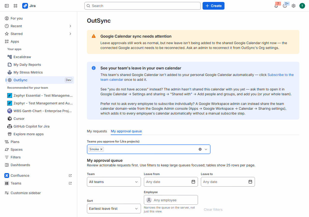 OutSync My approval queue tab: team filter, leave date filters, and sort control for reviewing pending requests across teams.