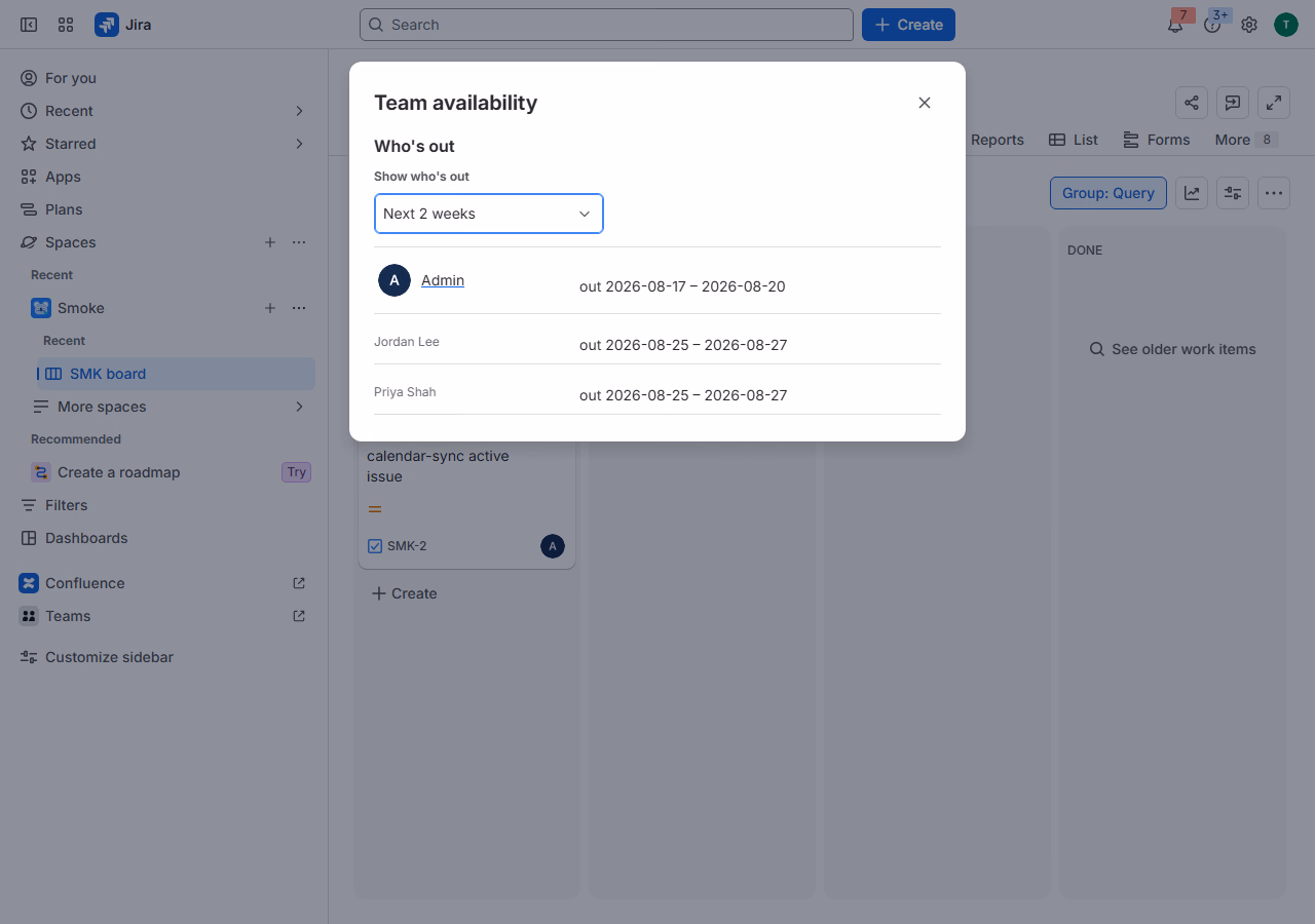 OutSync Team availability panel on a Jira board, showing who's out with the Next month window selected.