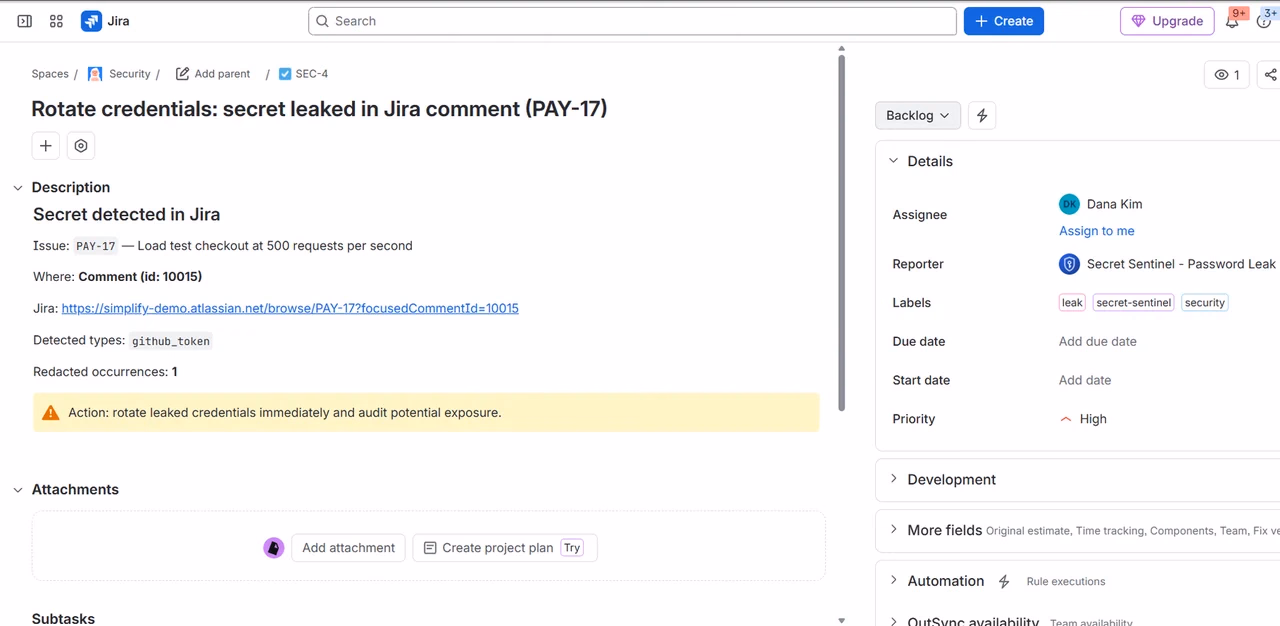 The Jira incident SEC-4 Rotate credentials: secret leaked in Jira comment (PAY-17), with the source issue, the comment link, the detected type github_token and the rotation action.