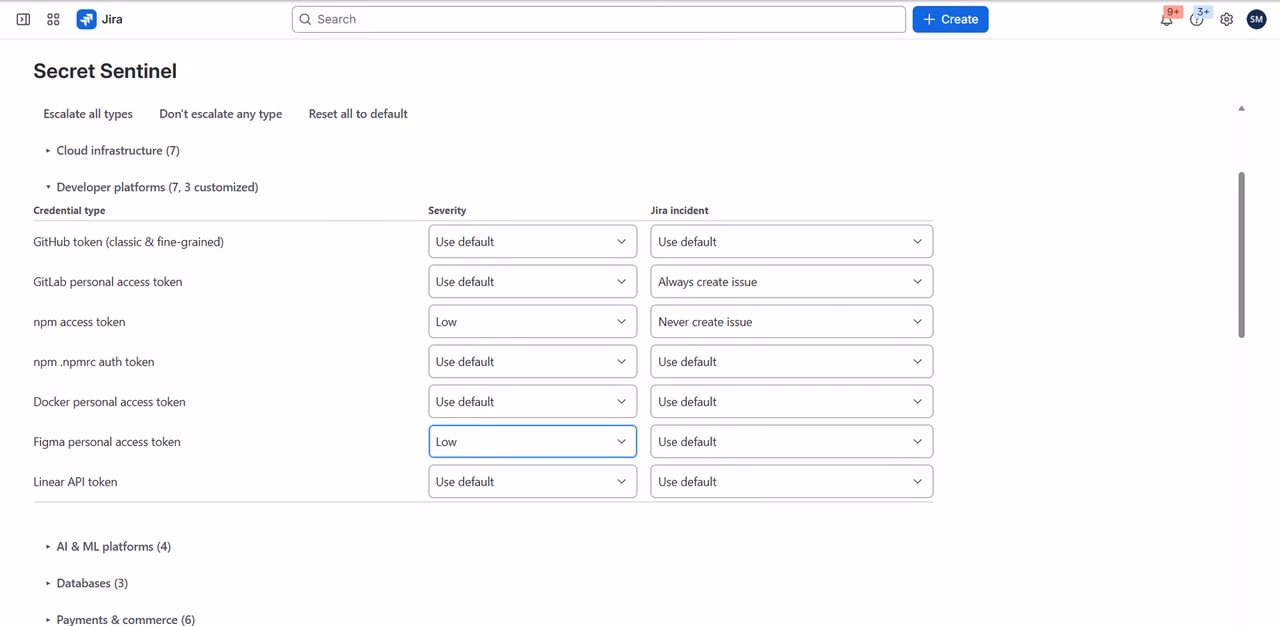 The Detection & Rules settings with per-type severity and Jira incident choices for developer platform tokens.