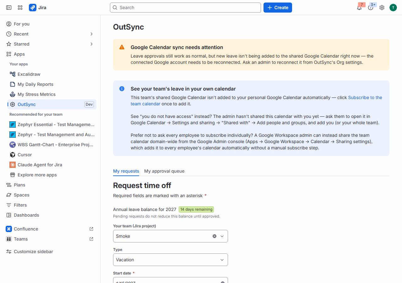 OutSync My requests tab on Jira: annual leave balance, team picker, and the request-time-off form with type and date fields.