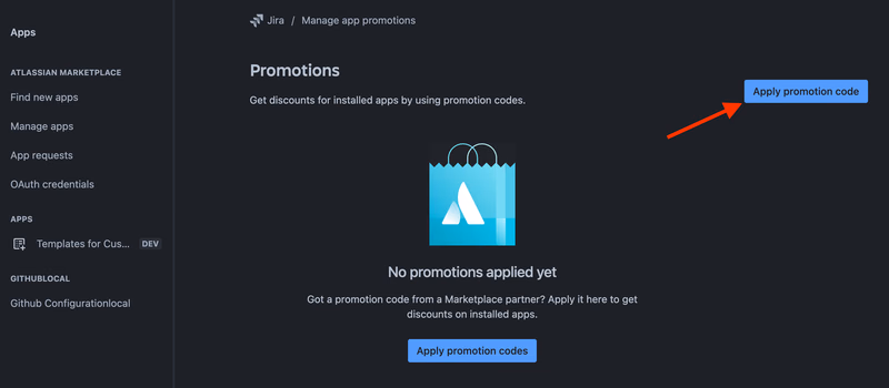 Atlassian Marketplace promotions page with the Apply promotion code button highlighted