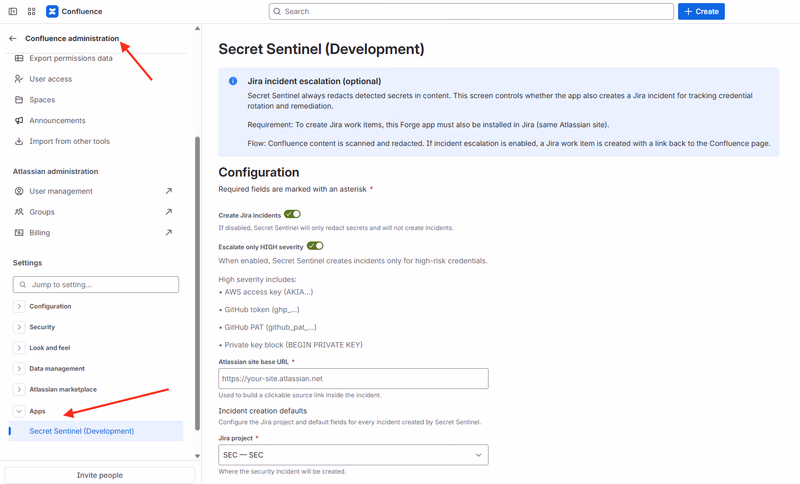 Secret Sentinel global settings in Confluence.