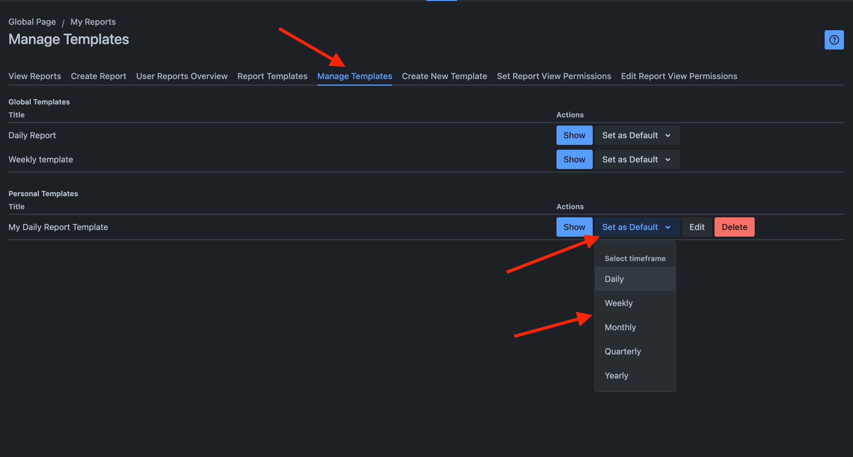 Assigning a personal template to report types