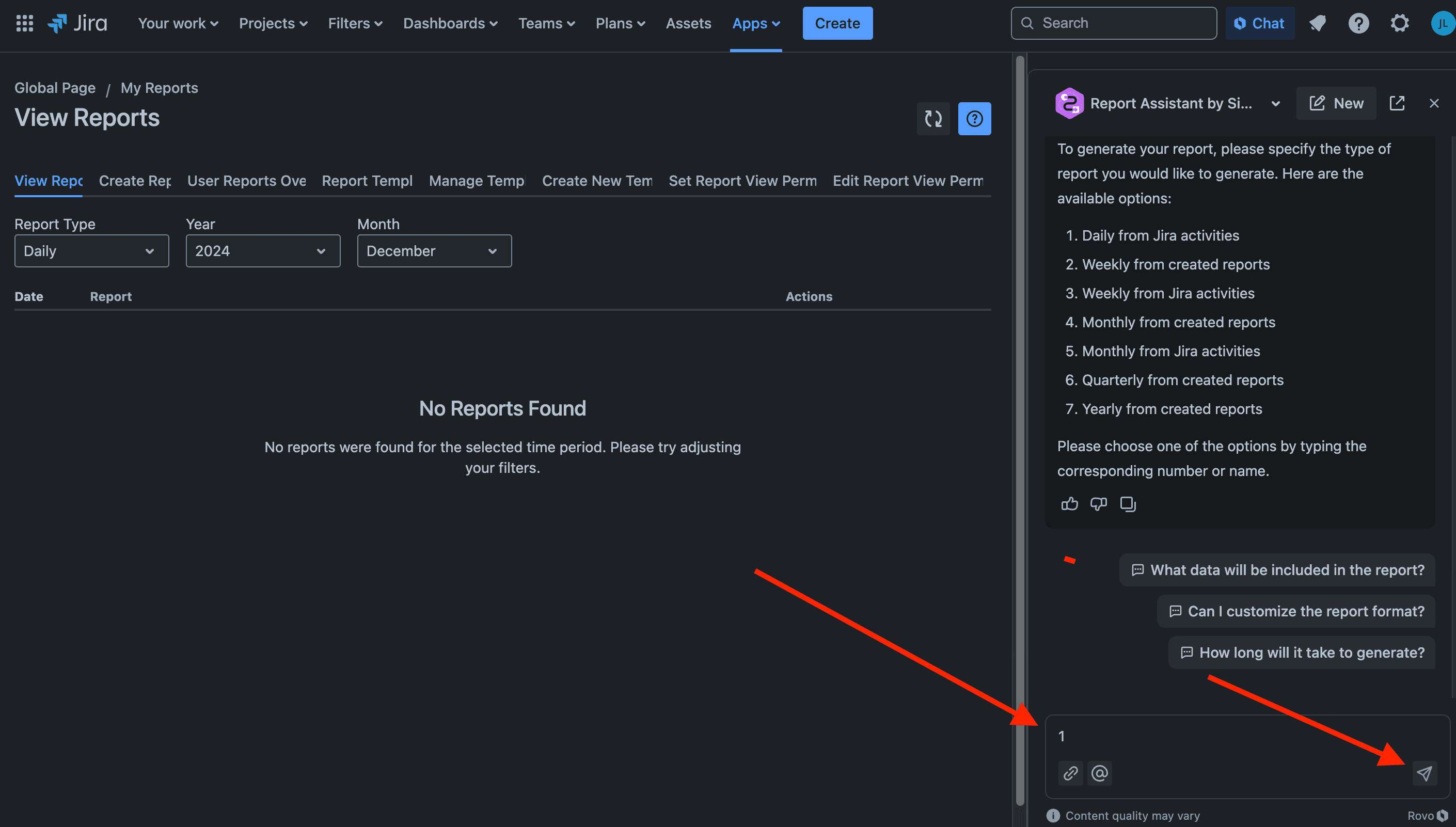 Choosing a report type for Rovo to generate