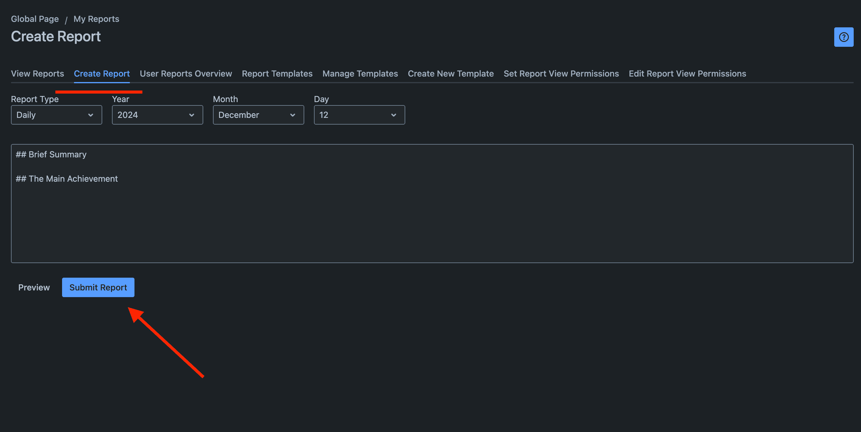 Creating a new report using the Create Report tab
