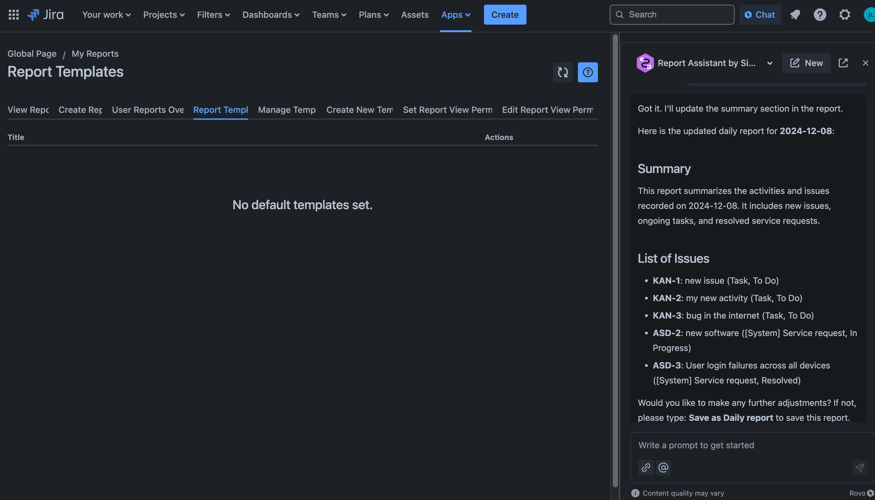 Editing a generated report using Rovo chat