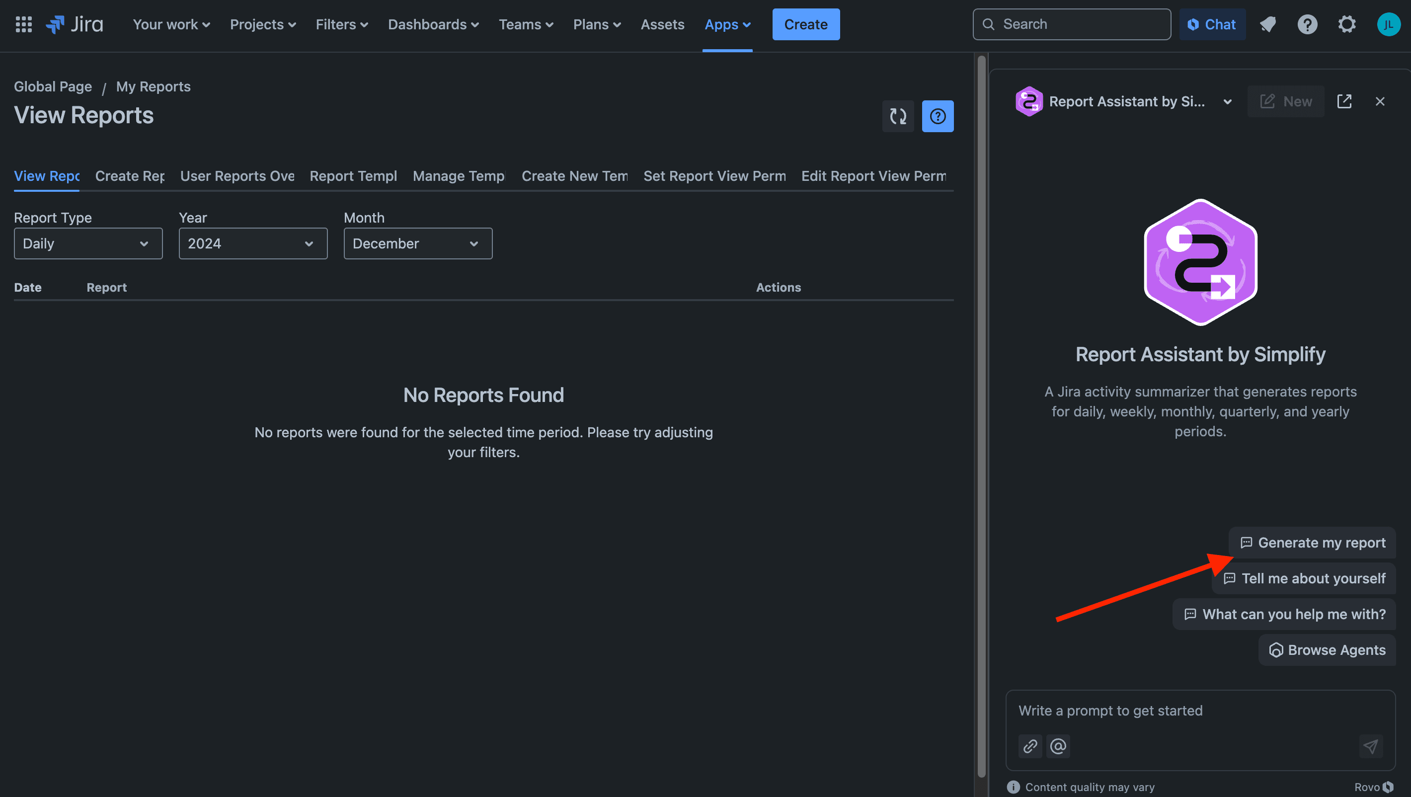 Generating a report through the Rovo chat