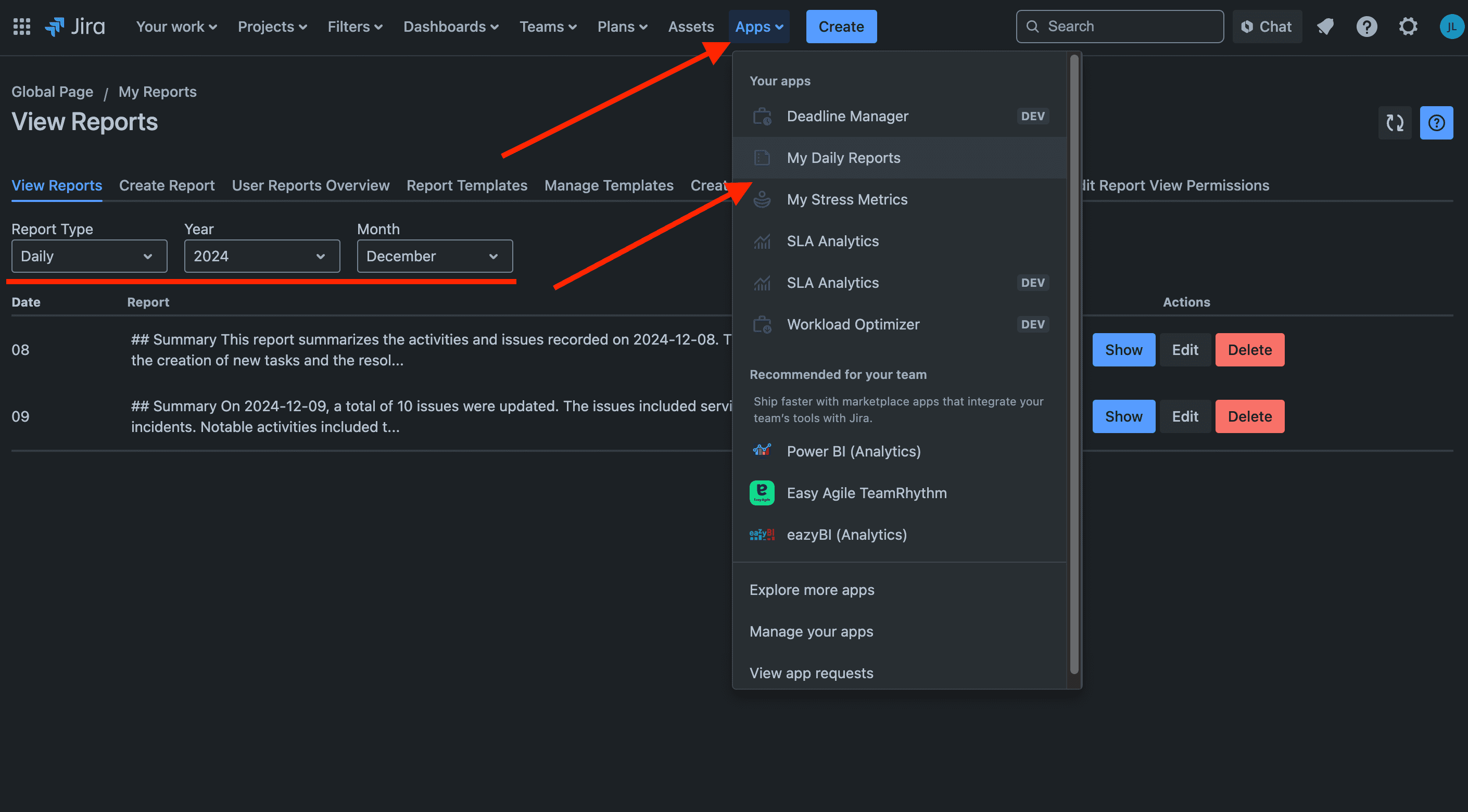 Displaying all generated reports in the global page with date filters