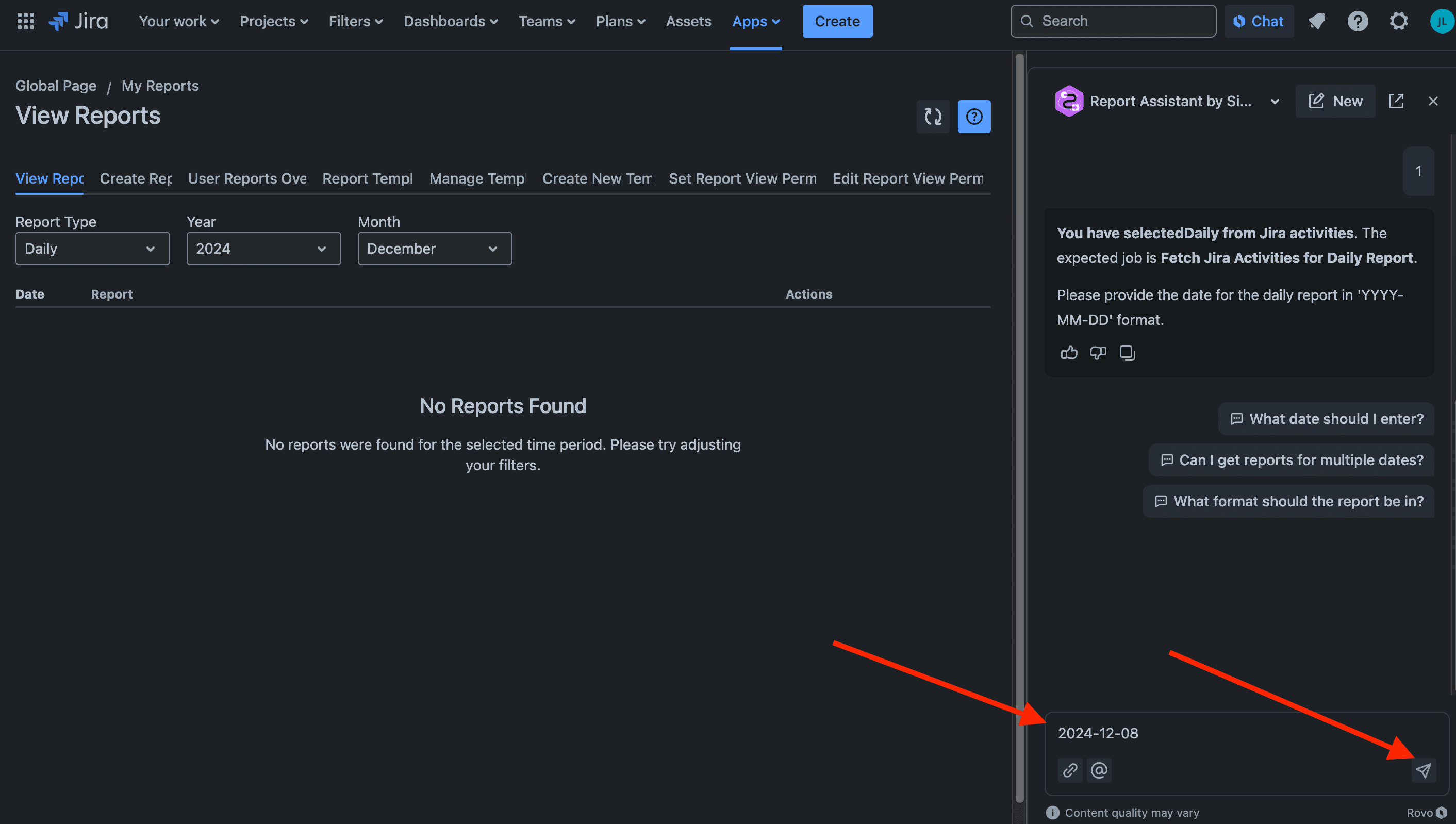 Specify a date for Rovo to generate