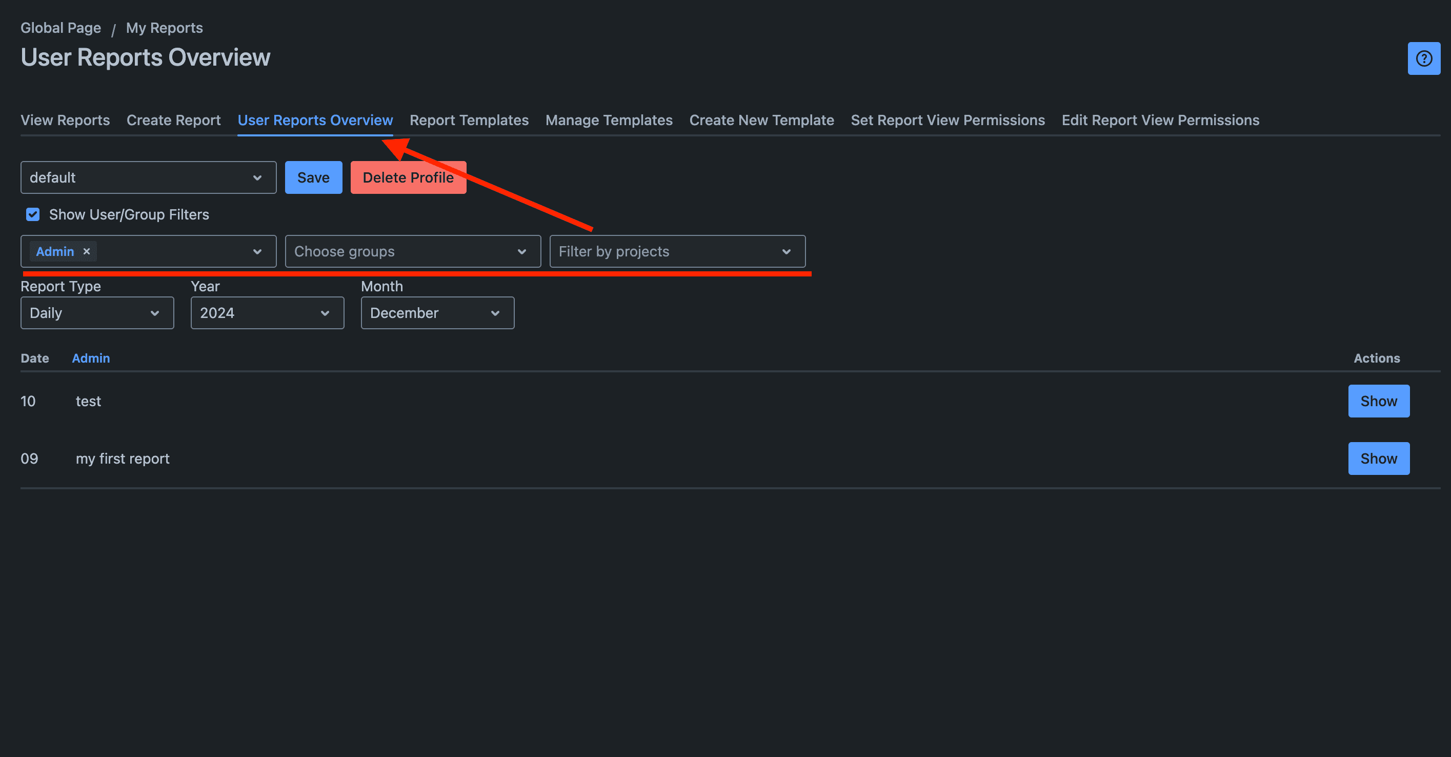 Viewing shared reports in User Reports Overview