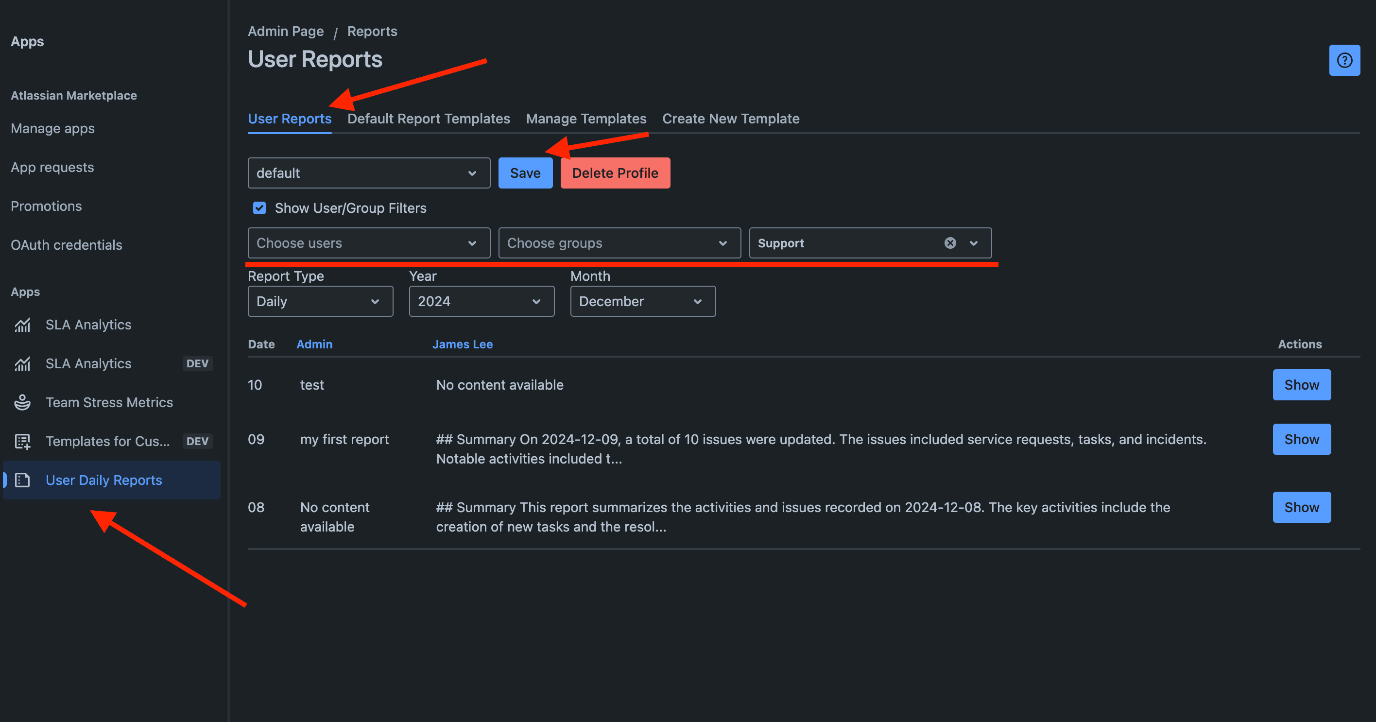 Filtering and viewing user reports in the admin page