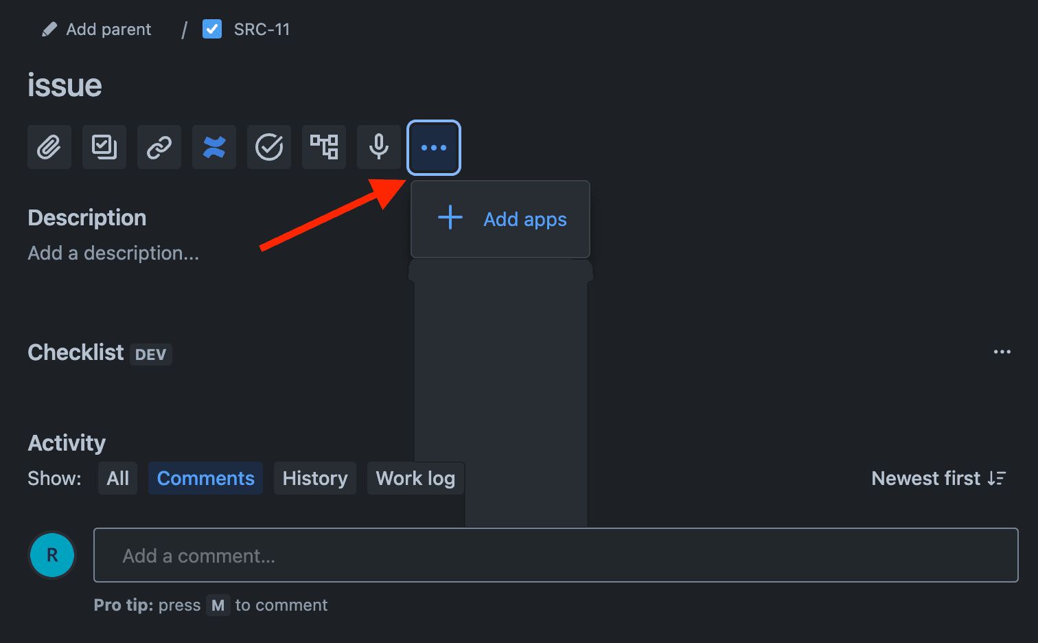 Speech to Text plugin button in a drop-down menu.