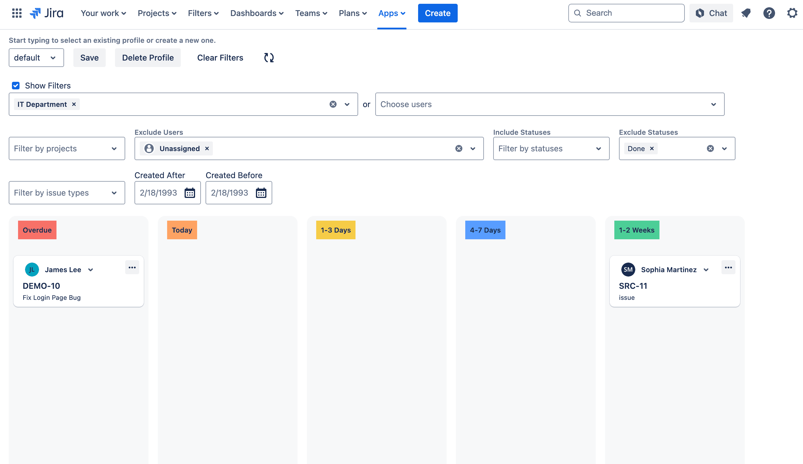 Filter issues by project, priority, or type