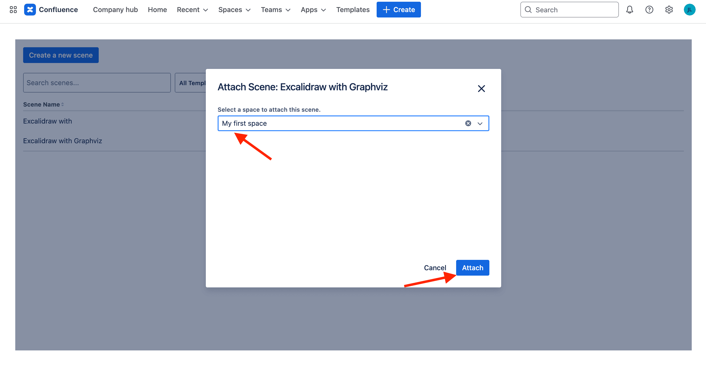 Attach the created scene to a project space.
