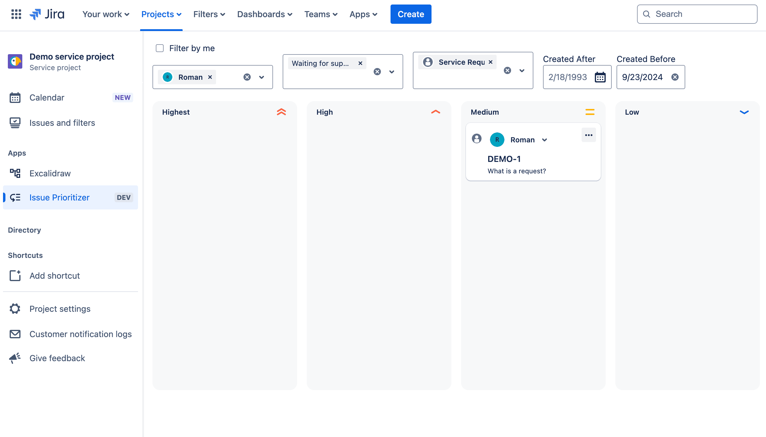 Filtering issues in various project views for prioritization.