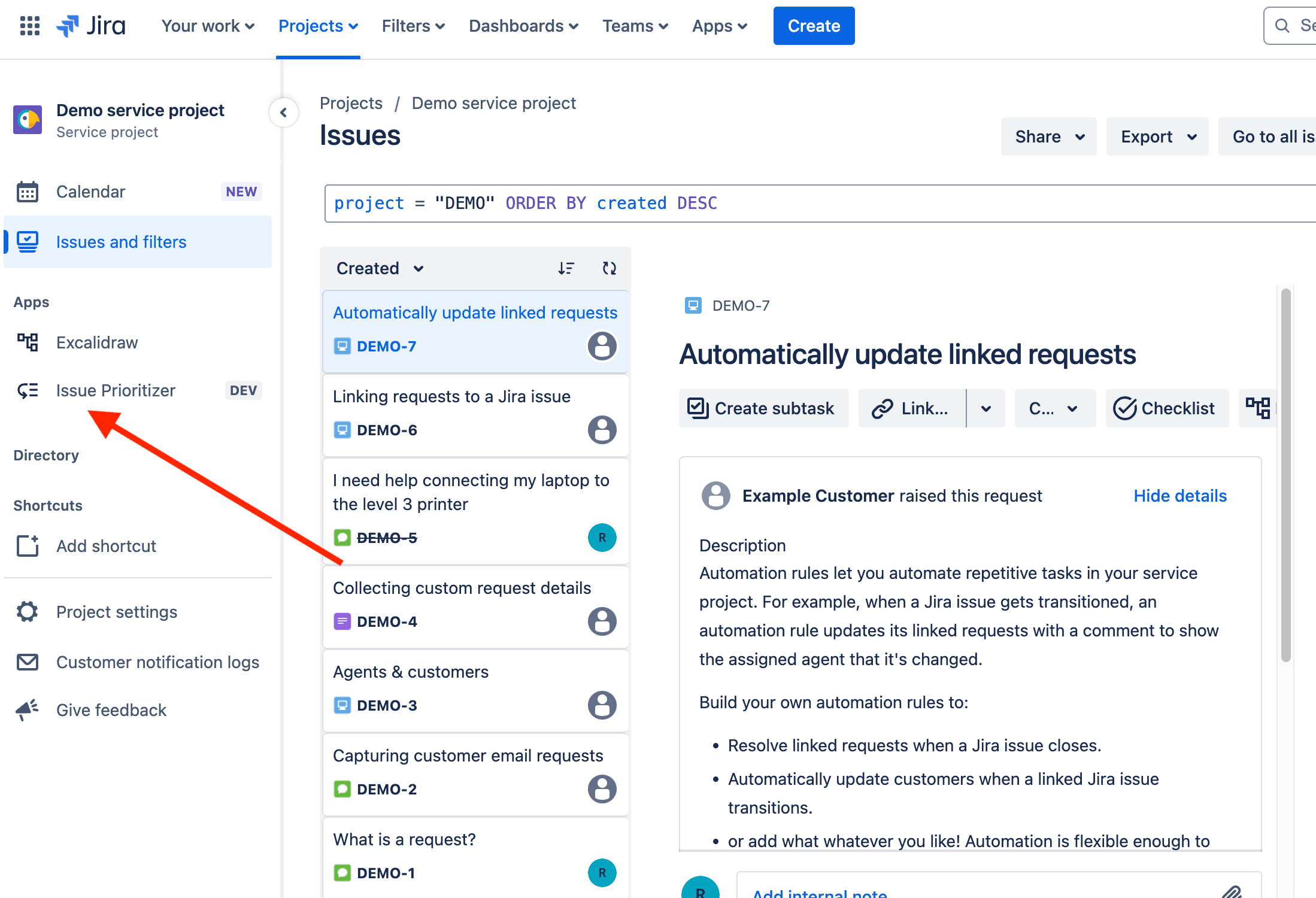 Opening any Jira project page for prioritization.