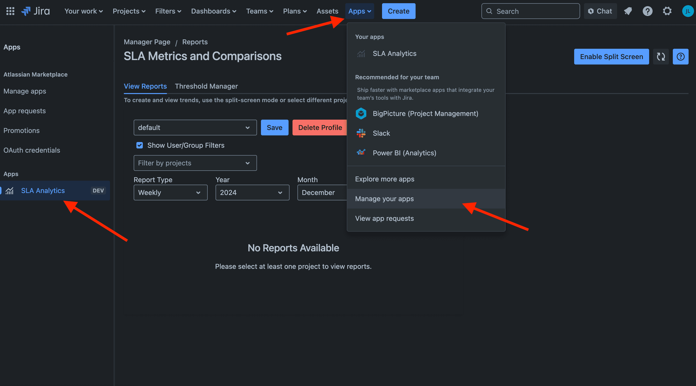 Manage your apps page showing SLA Analytics button in the sidebar