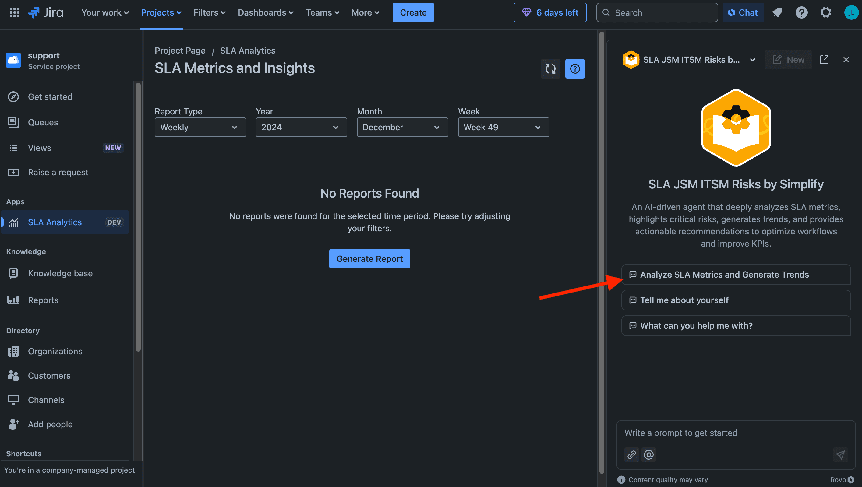 Button to initiate SLA metrics analysis in Rovo AI