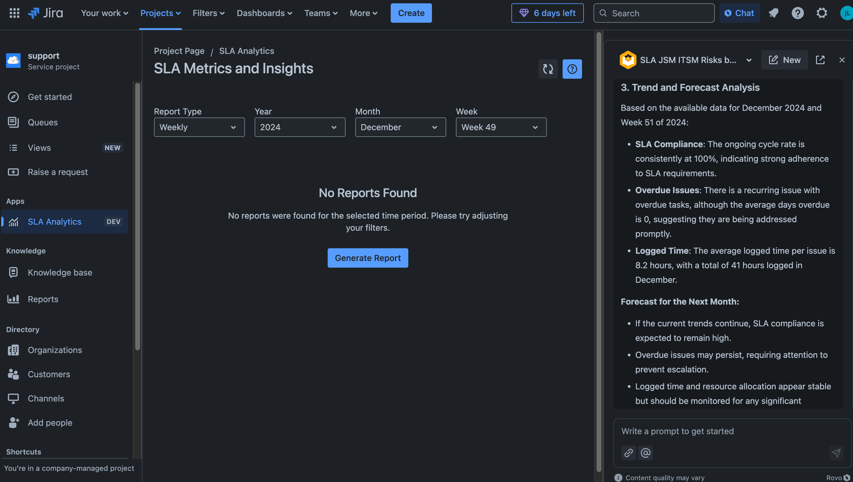 Example of generated SLA analysis report from Rovo AI