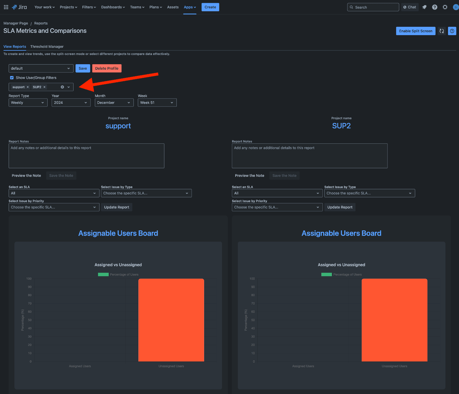 Dropdown menu for selecting multiple projects to compare SLA reports