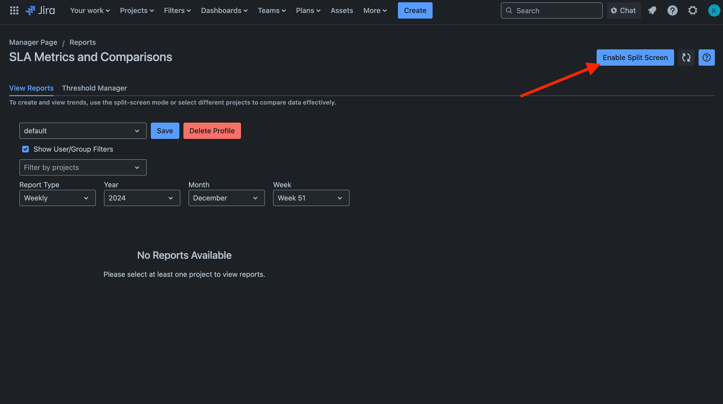Button to enable split screen for comparing multiple projects