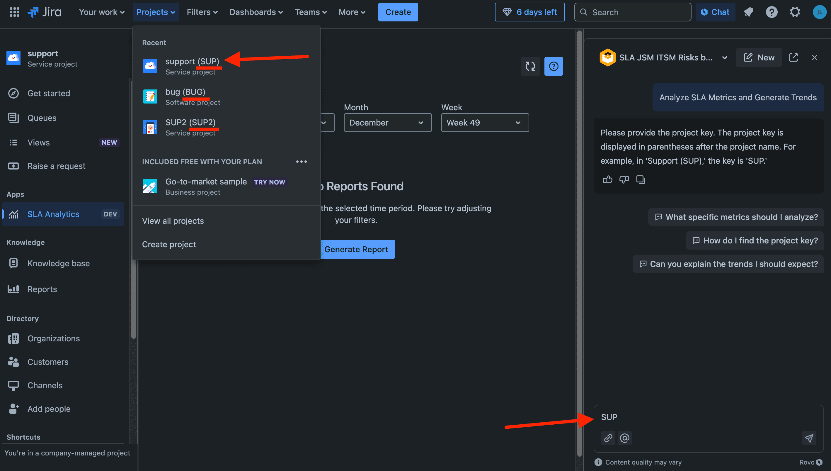 Field to enter the project key for SLA analysis in Rovo AI