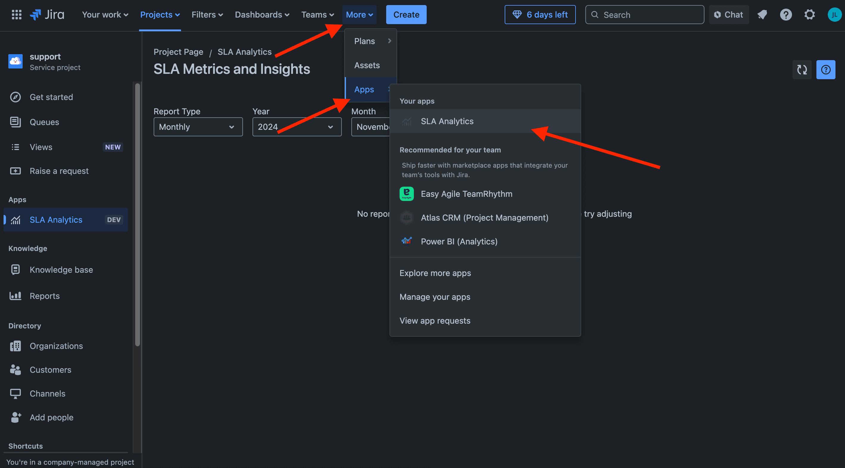 Global page navigation bar with SLA Analytics button