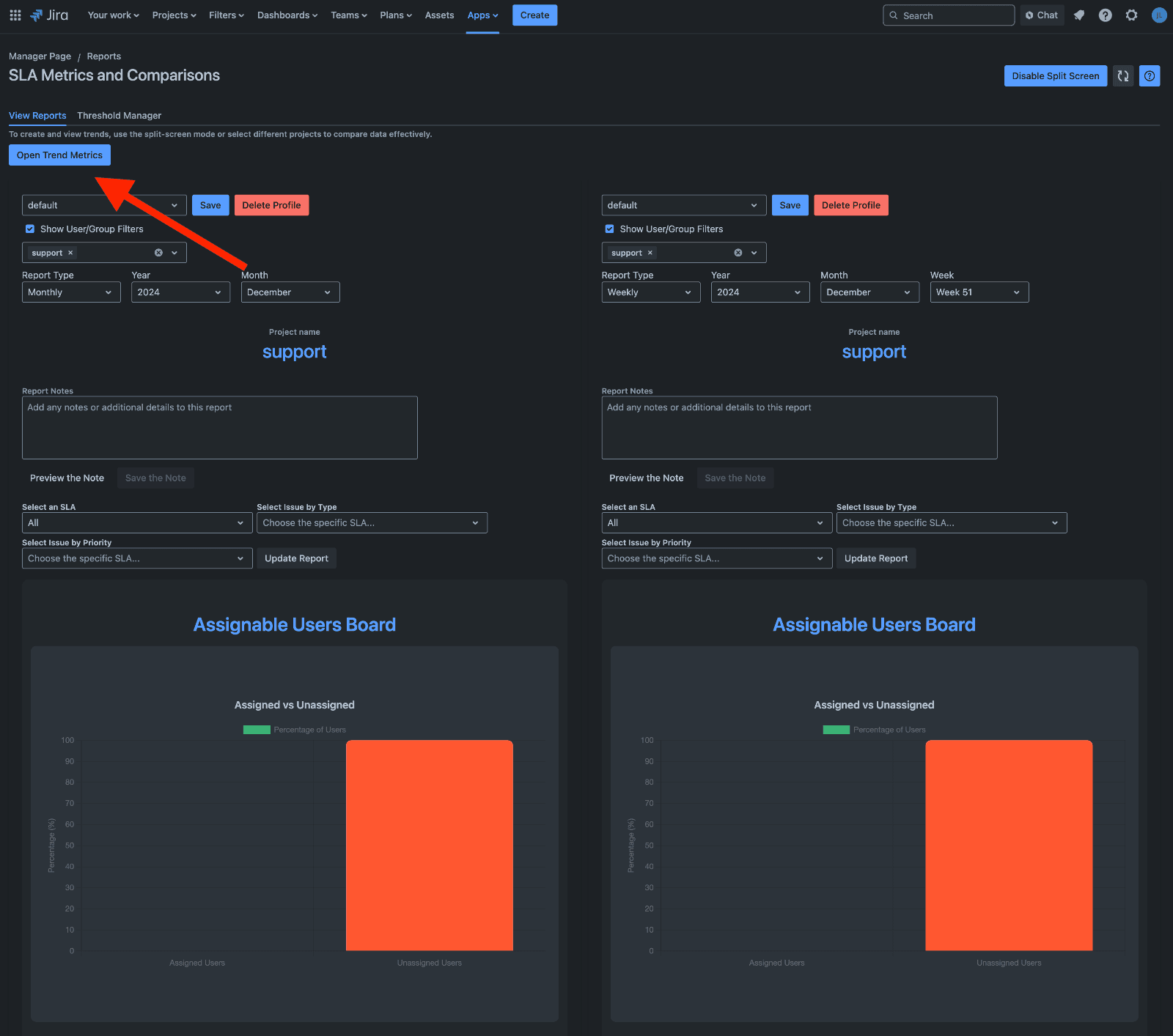 Button to enable trend metrics.