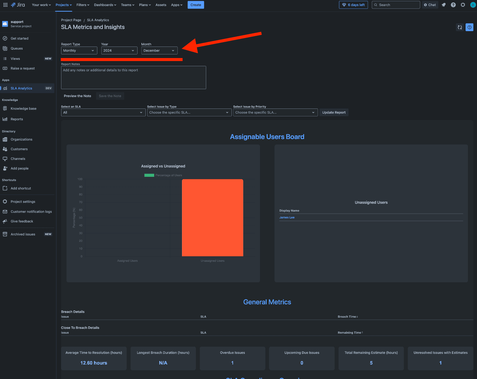Date filter options on the SLA Analytics page to view existing reports or generate new ones