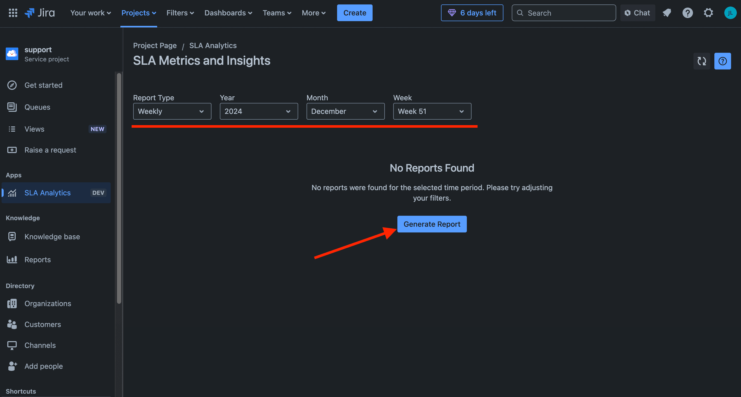 Page showing options to select dates and generate SLA reports