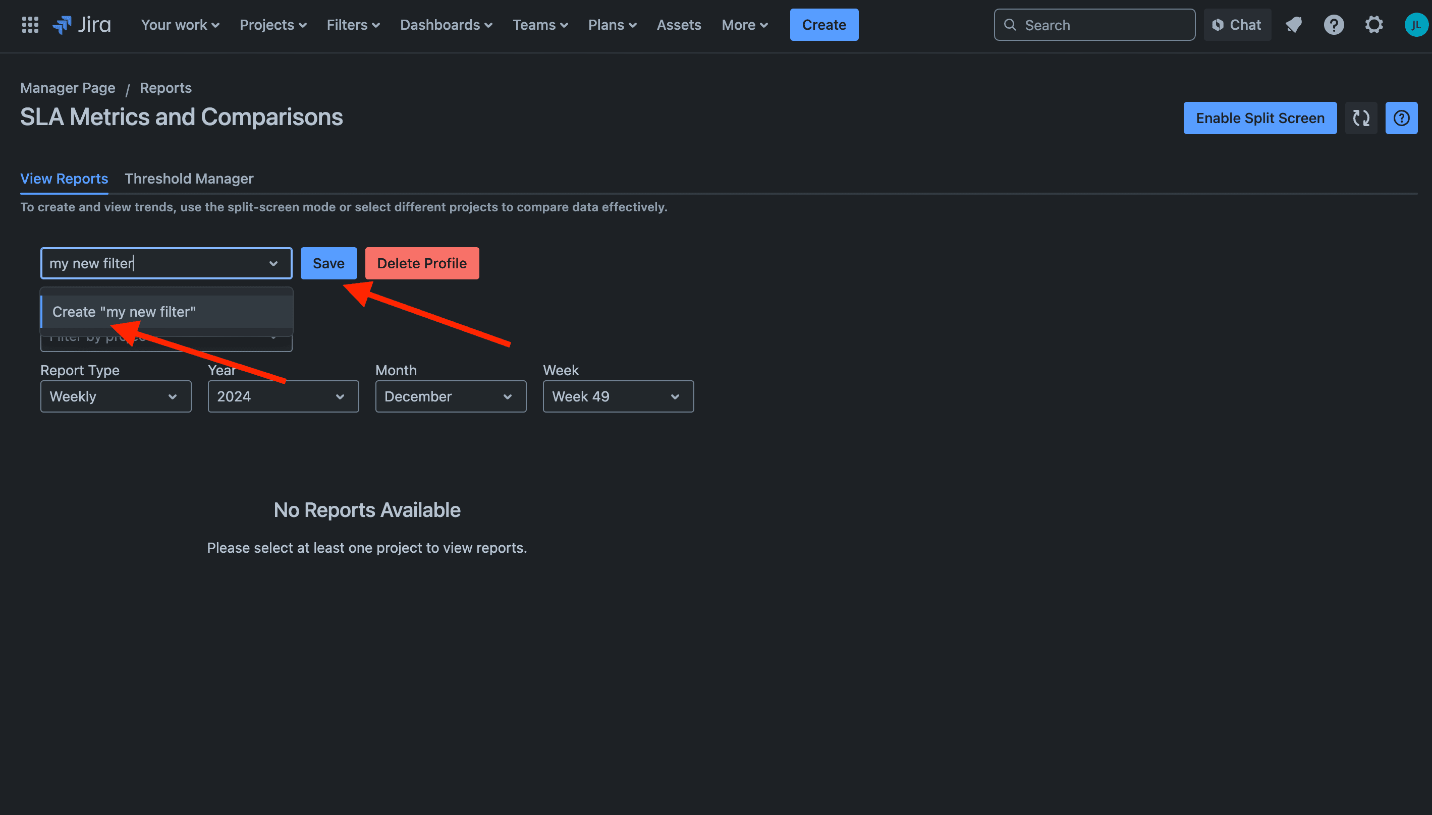 Save filters button for saving selected project and date configurations