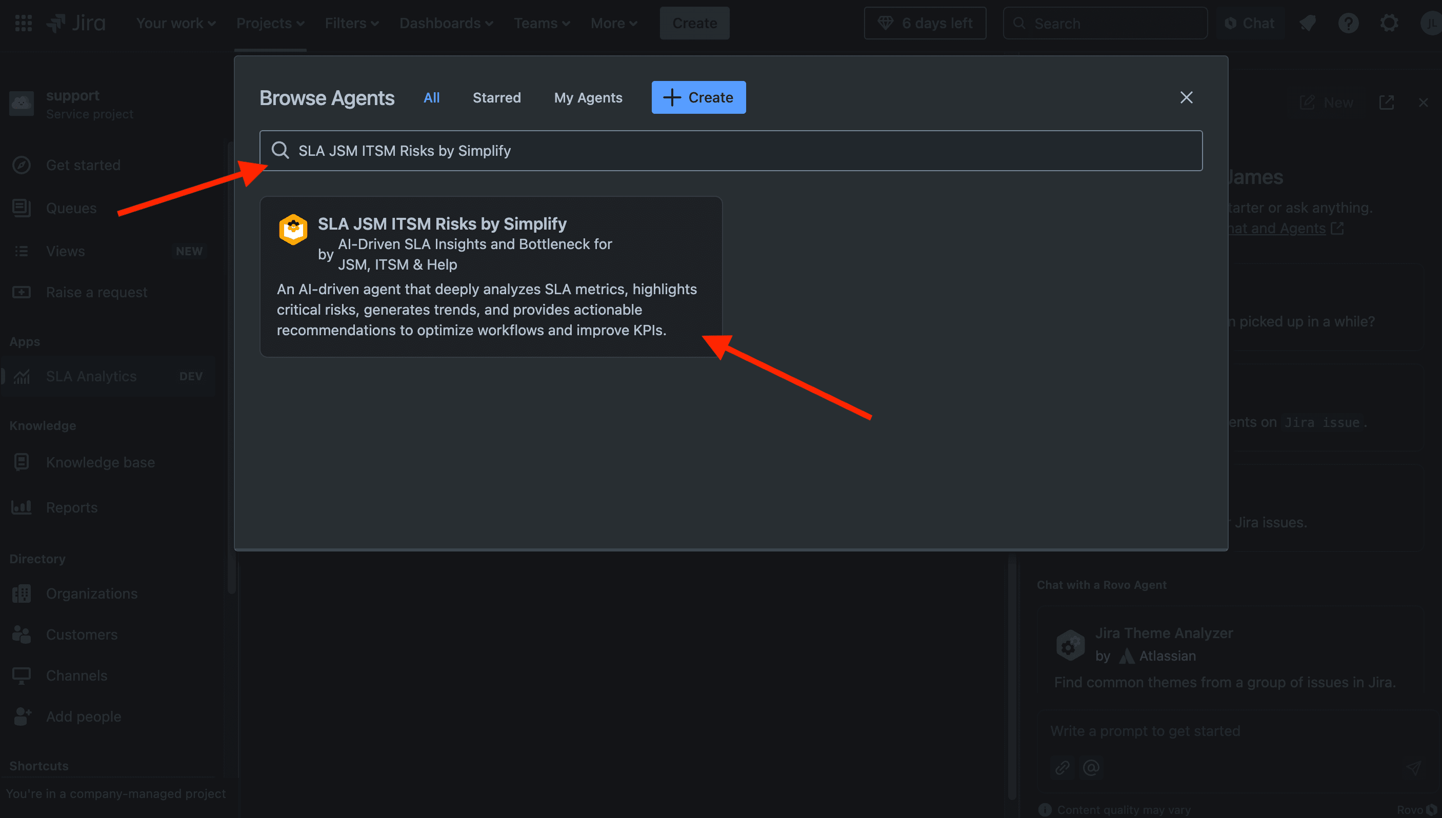 Search bar to locate SLA JSM ITSM Risks by Simplify agent in Rovo AI