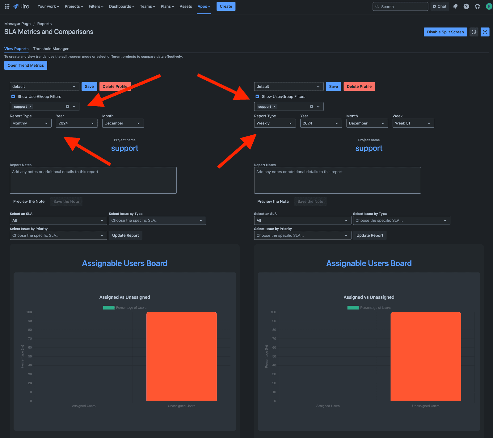 Split screen view for comparing SLA reports across multiple projects and time periods