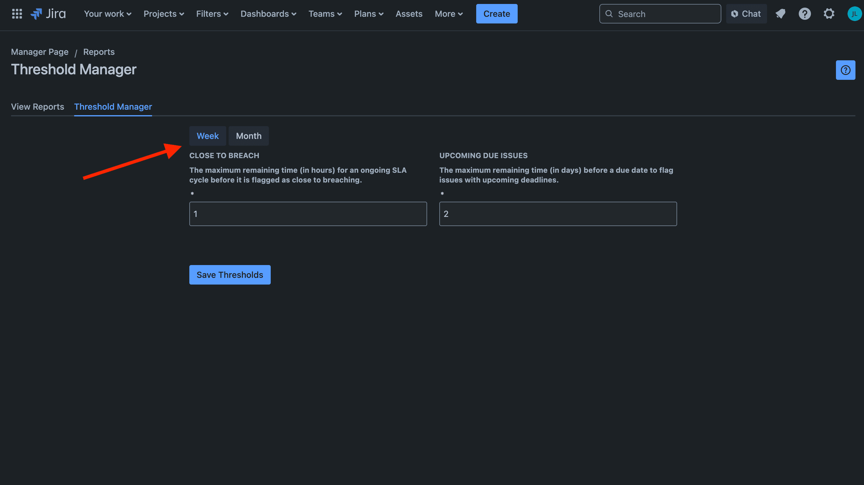 Threshold manager screen showing adjustable settings for SLA metrics