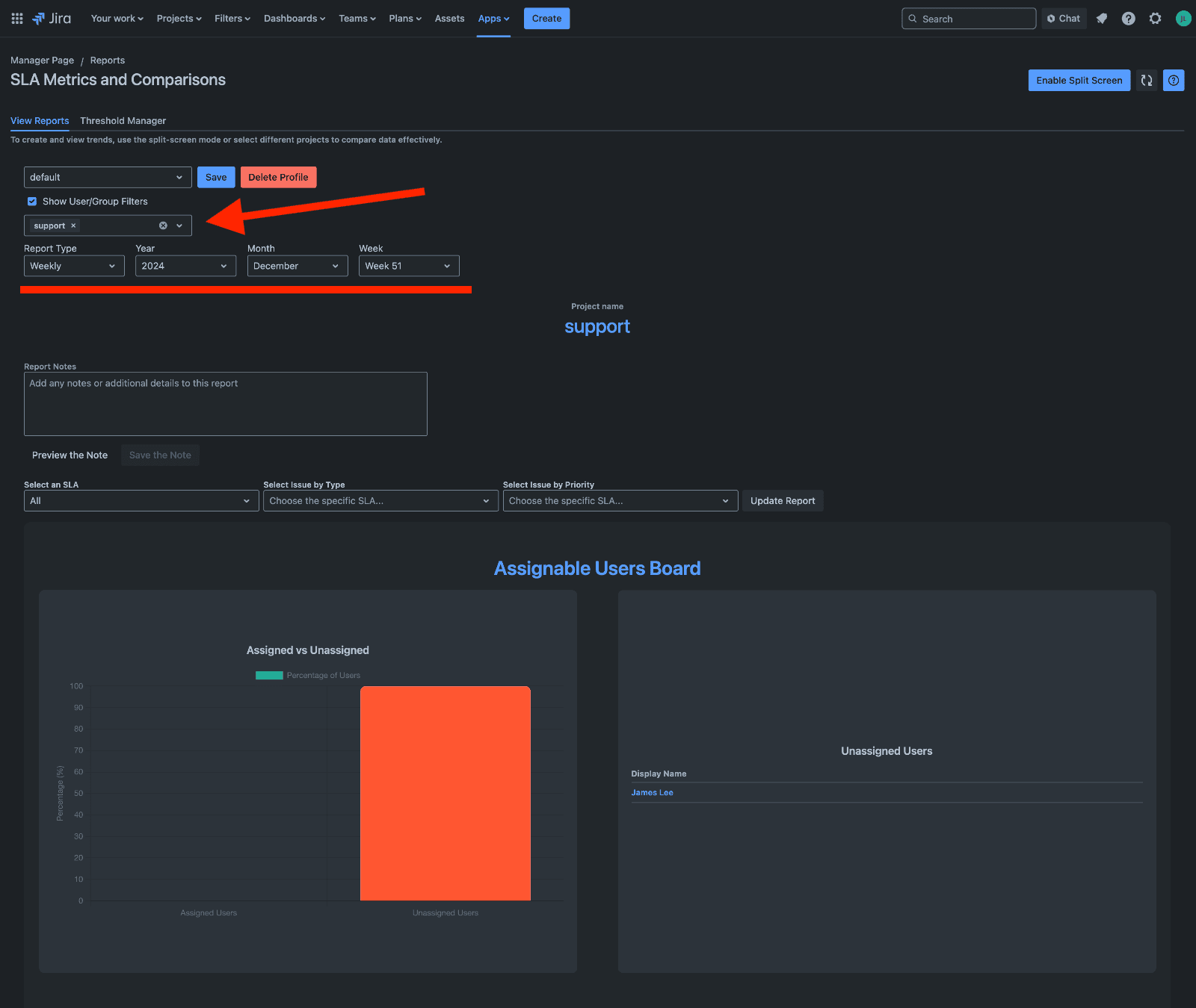 Page displaying selected SLA report for the chosen project and date