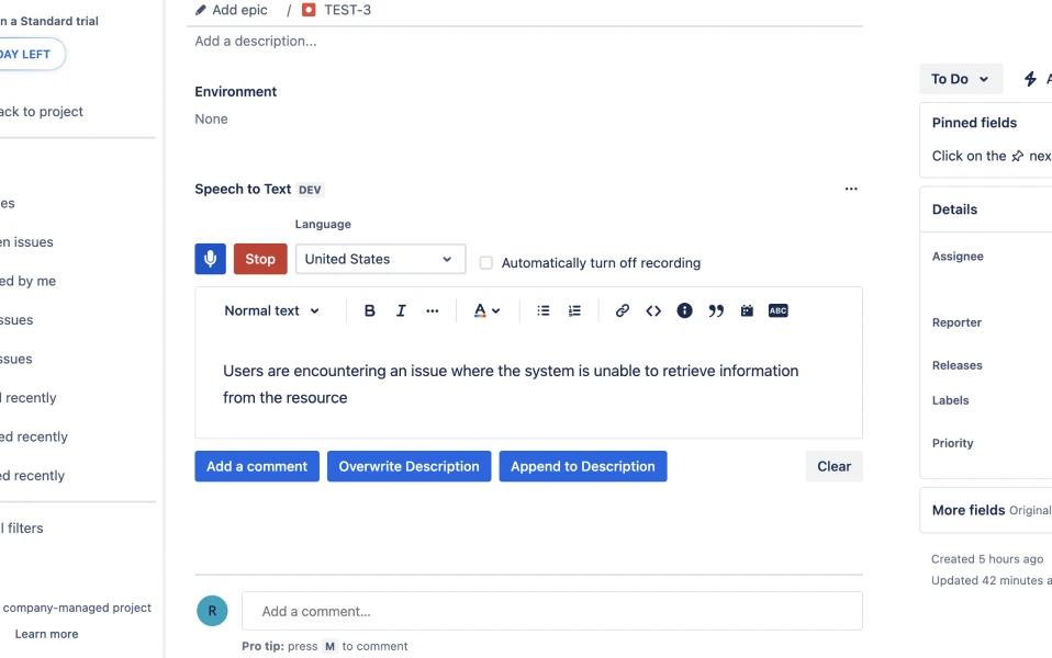 Speech to Text for Jira