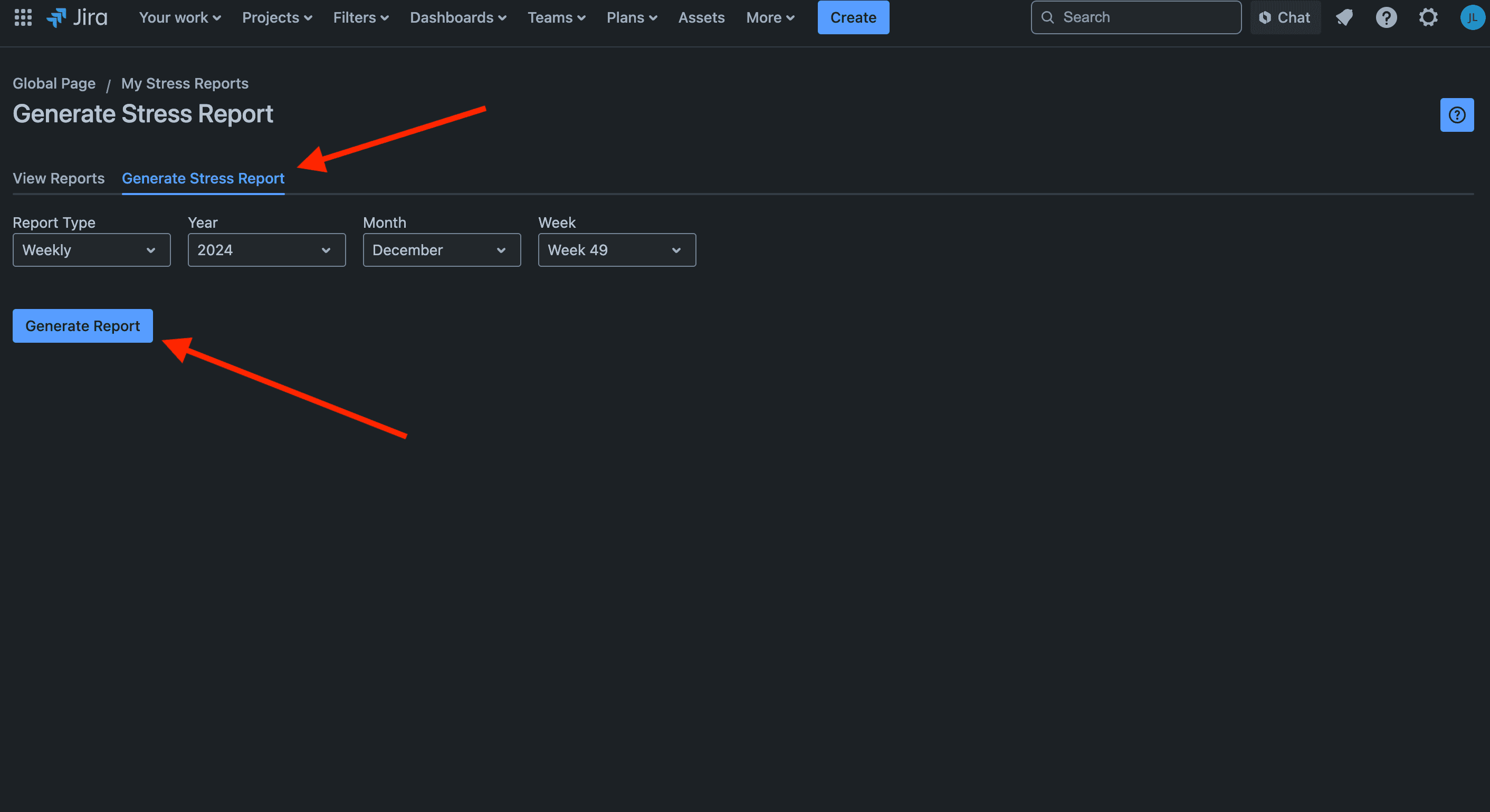 Form for generating a new stress report by selecting a specific time period and date range