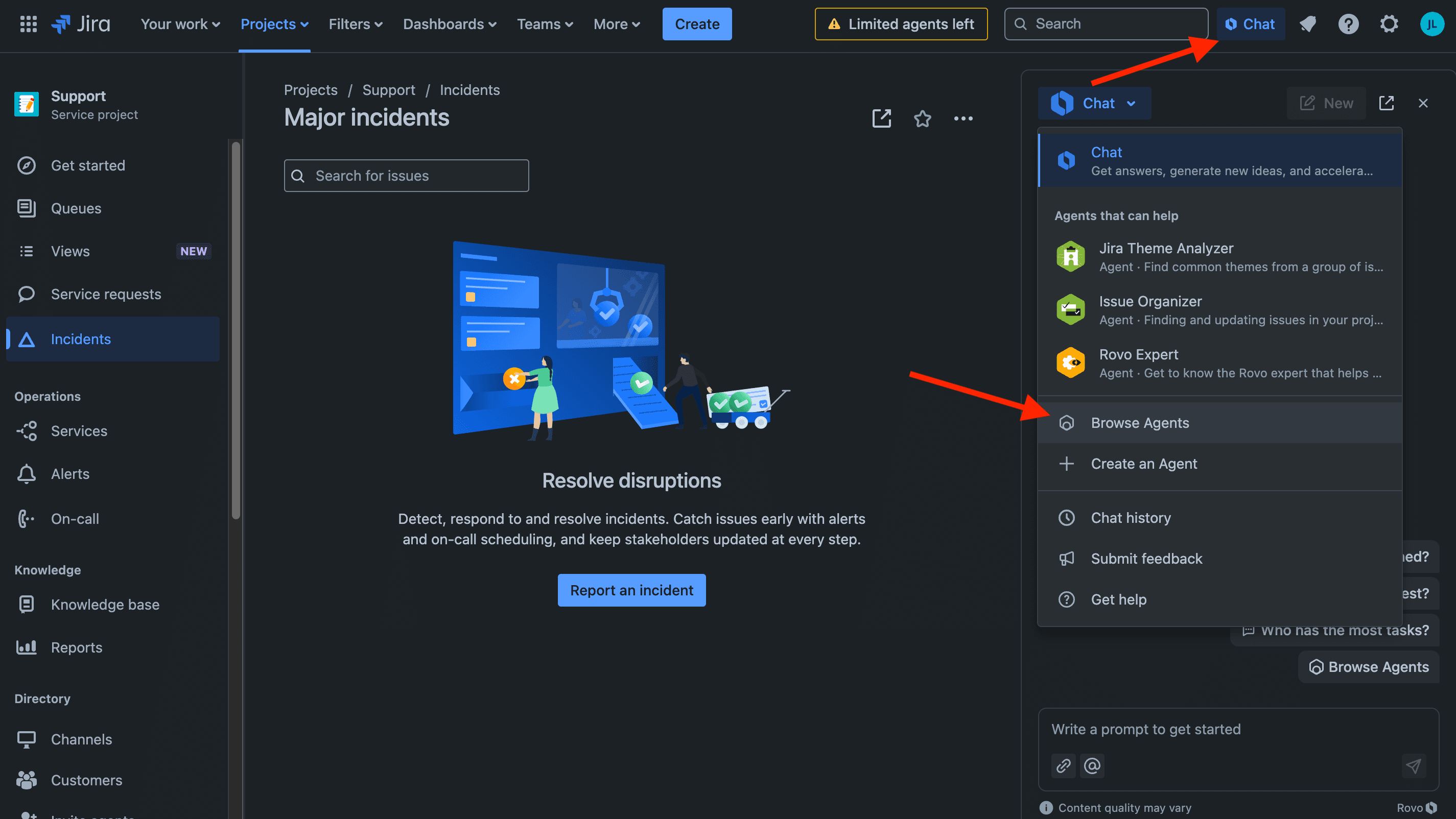 Navigation bar showing the option to open the Rovo chat agent for analyzing stress metrics