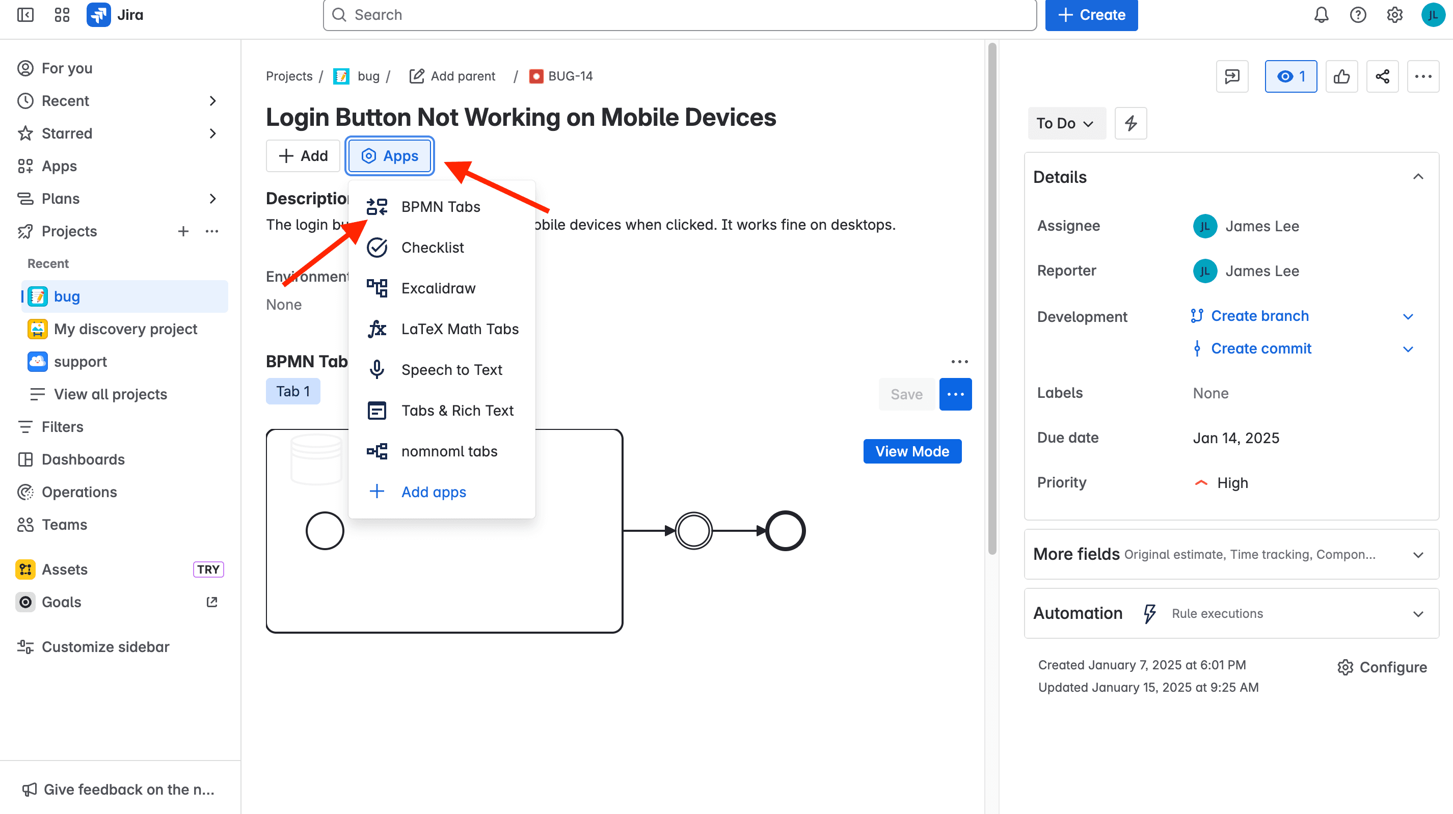 Tabs panel inside a Jira issue
