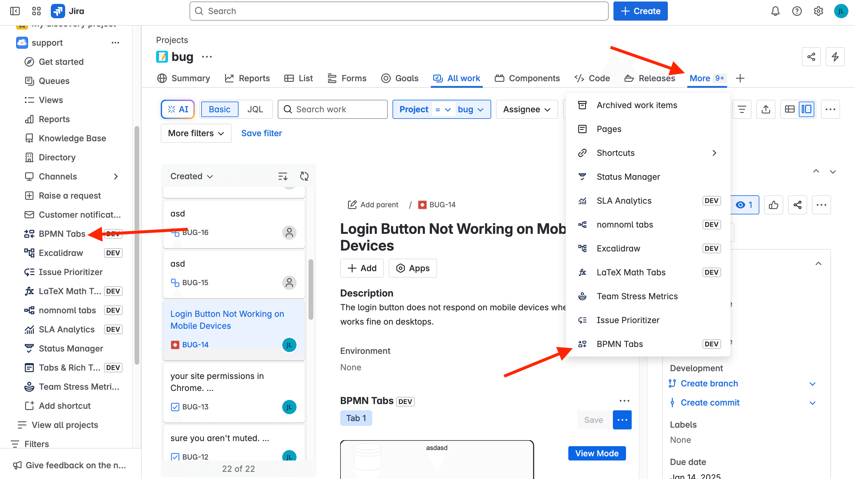 Tabs panel inside a Jira issue