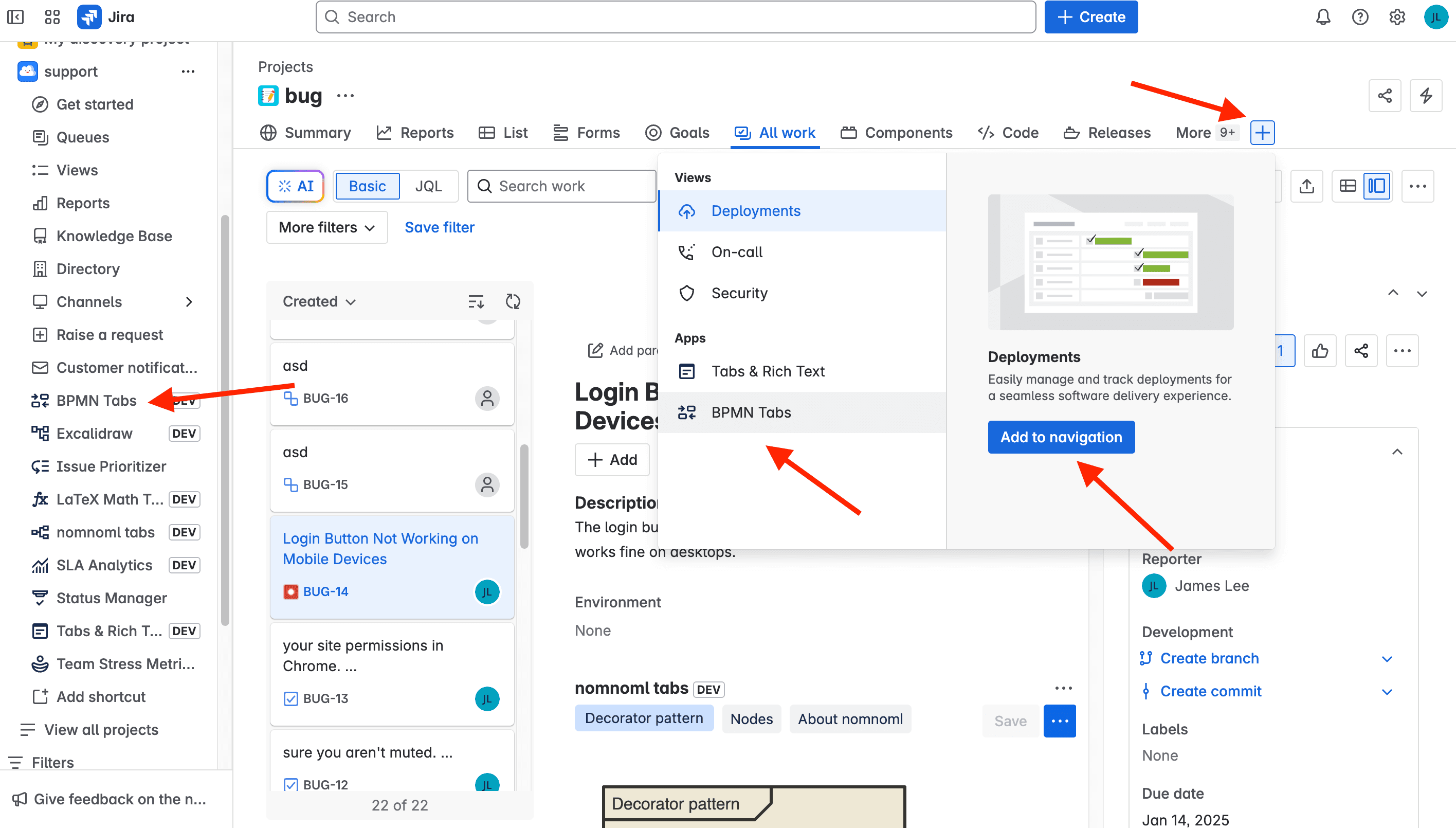 Tabs panel inside a Jira issue