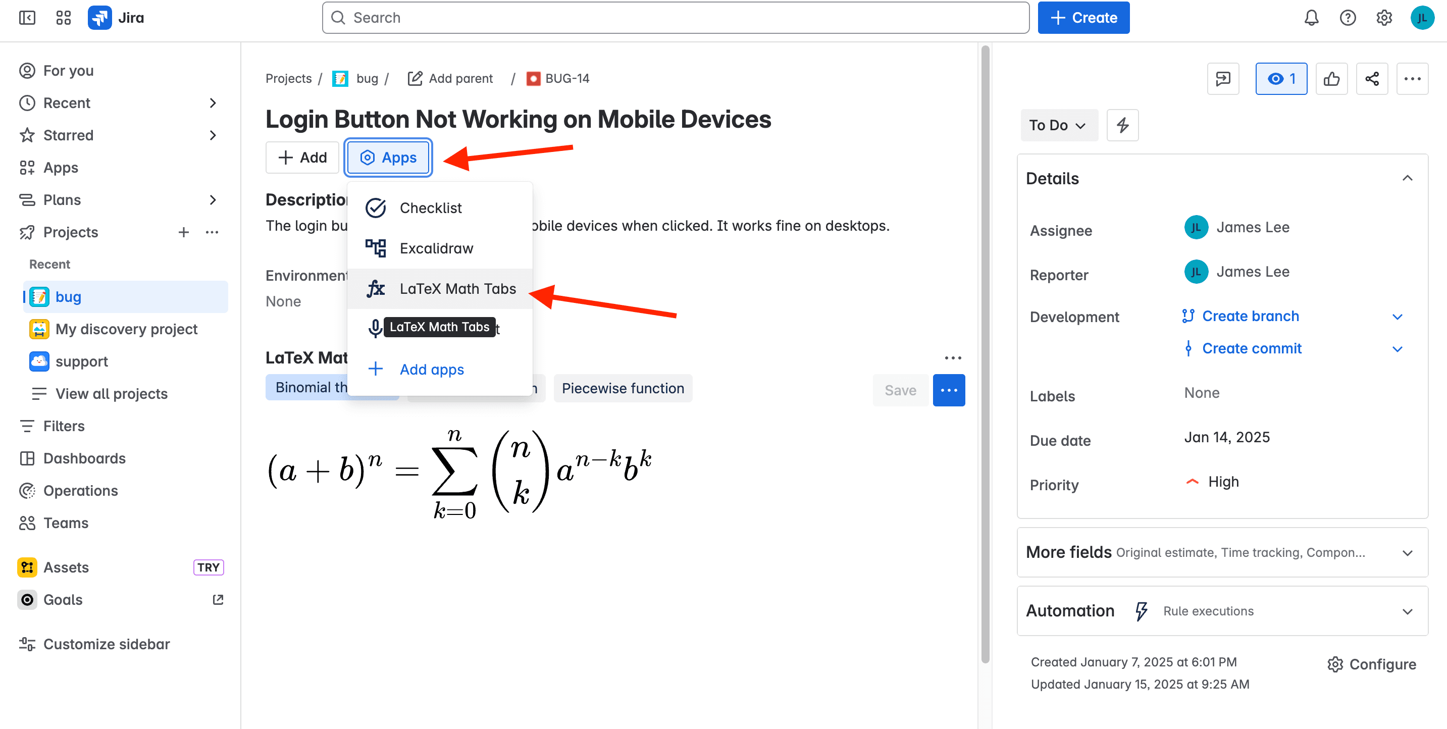Tabs panel inside a Jira issue