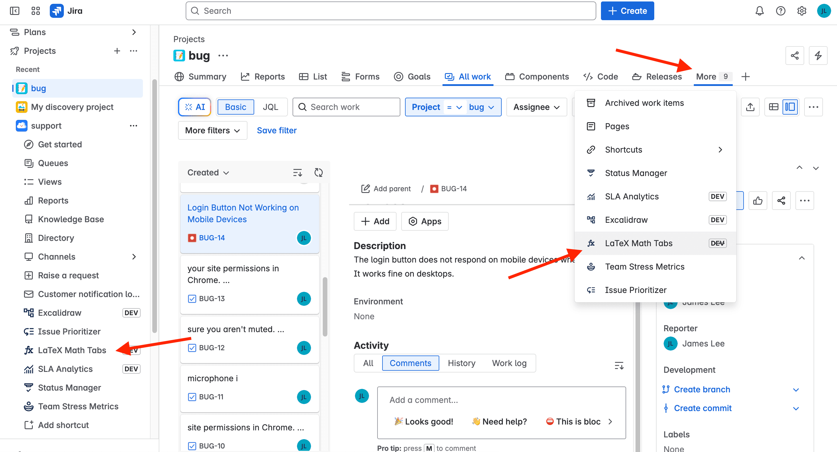 Tabs panel inside a Jira issue